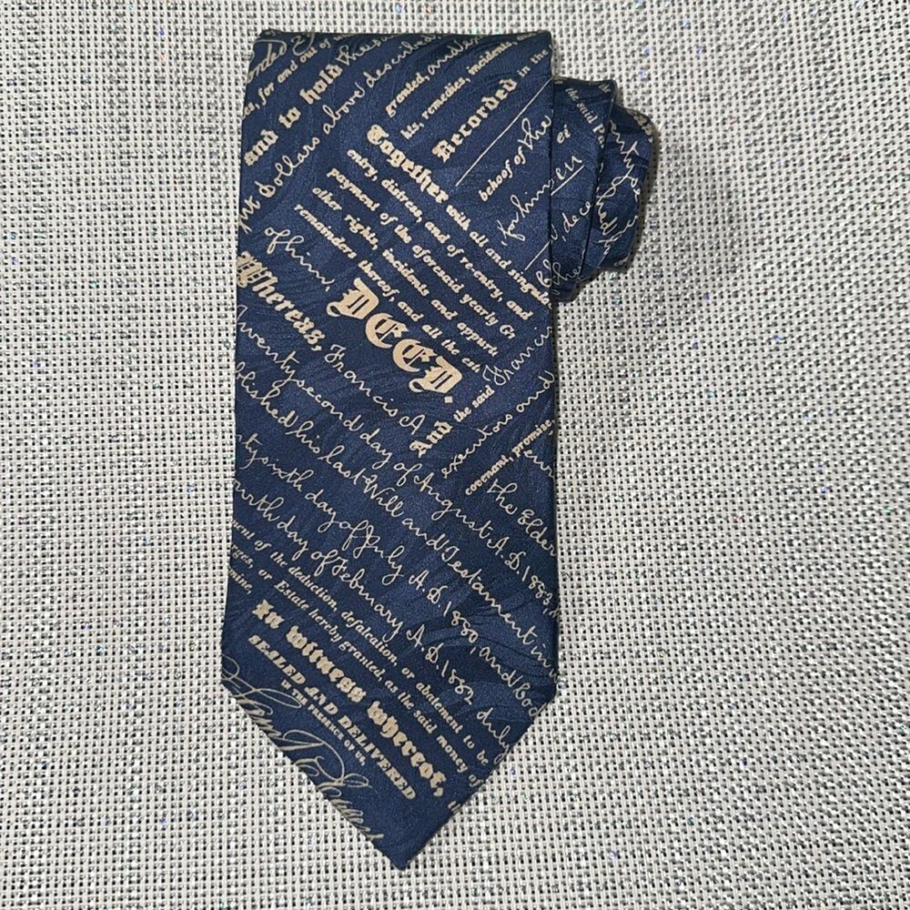 Museum Artifacts Navy Ivory Cursive Print Textured Silk Tie